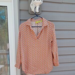 Rock Flower Paper Faye Twill Poet Tunic Top Orange Pink Grey Geometeic Print S